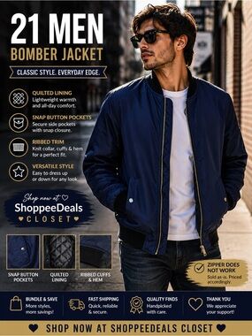 21 Men Navy Blue Quilted Bomber Jacket – Men’s Medium